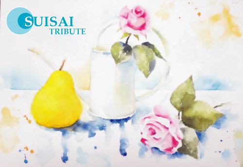 水彩「pear,rose,watering pot」